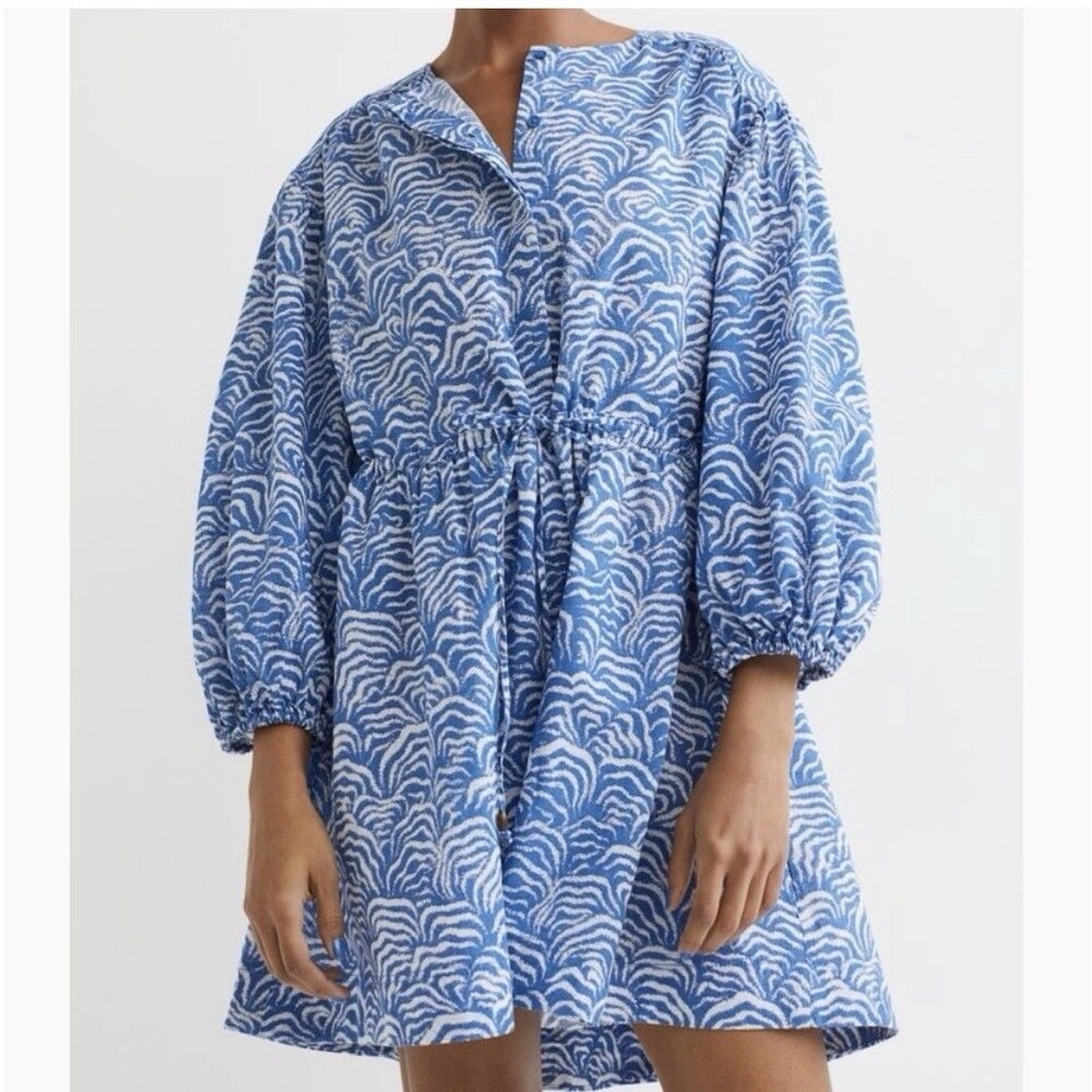 H&M Dress Womens M Linen Blue White V Neck Long Sleeve Geometric Full Button